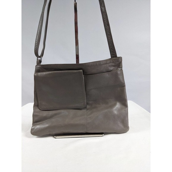 Vera Pelle Crossbody Bag Purse Grey Greige Italian Soft Leather Pockets Handbag - Picture 1 of 7